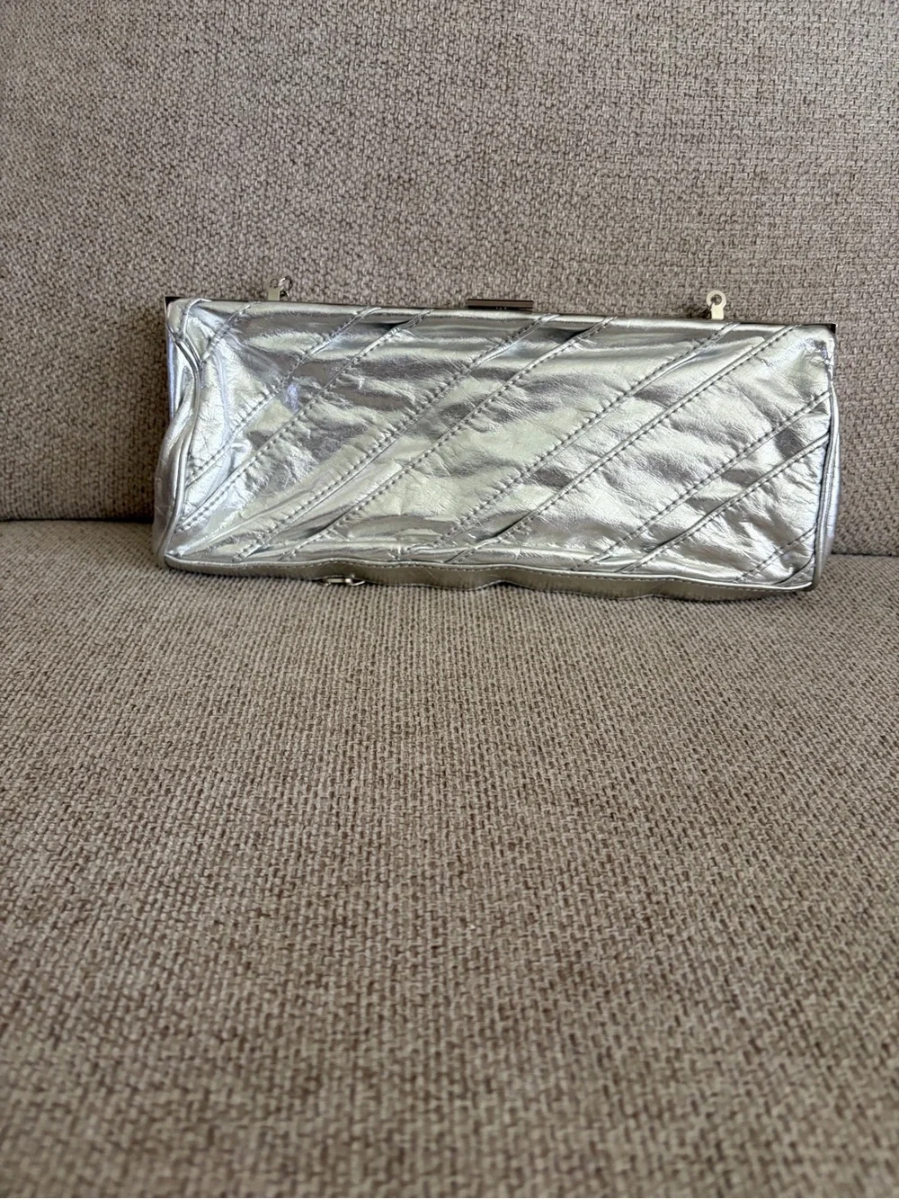 Aldo Metallic Silver Quilted Chain Clutch